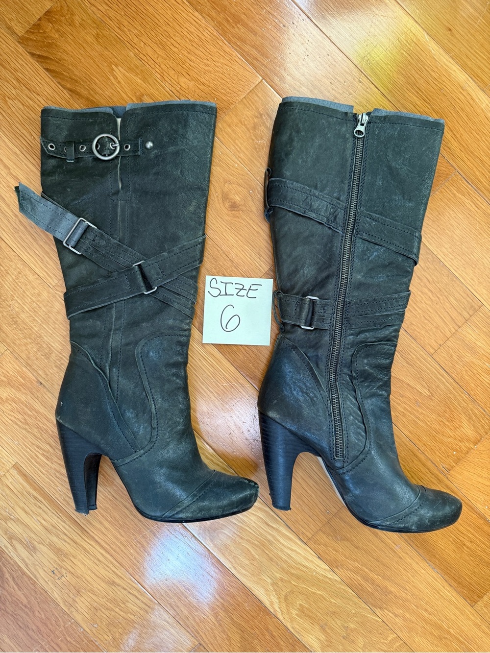 Vintage Skechers Black Mid-Calf Heeled Teal Leather Boots with Buckle Straps